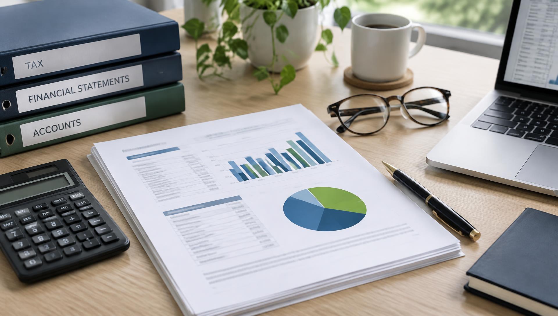 Accounting binders for tax, financial statements and accounts with a financial report, calculator and pen on a desk